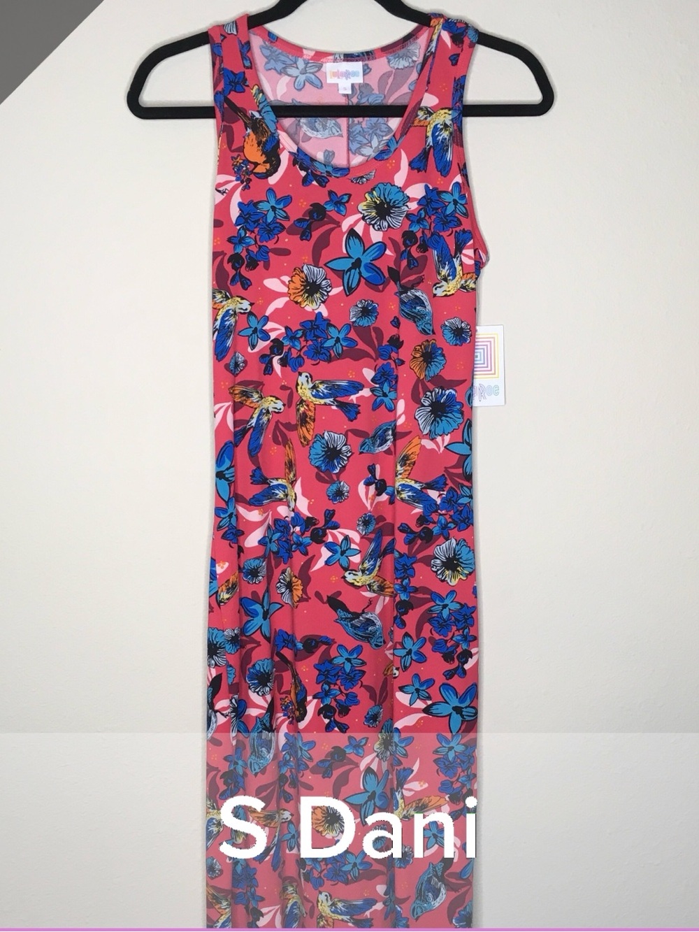 LuLaRoe Dani Coral Maxi Dress with Blue Floral & Bird Print S